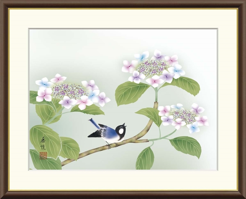 高精細デジタル額装版画 現代日本画 花鳥画 夏飾り 「 紫陽花 」 サイズ F4号拍卖