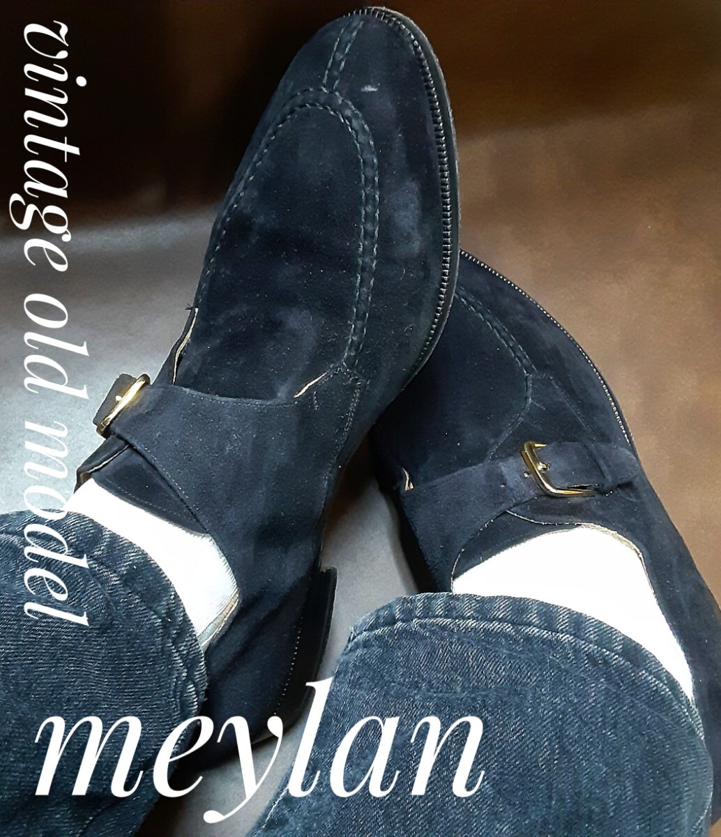 最値!希少ヴィンテージ旧モデル!最上位バックスキンレザー!メイラン(meylan)サイドベルト ローファー!ブラック 27cm相当 ソール裏英字あり拍卖