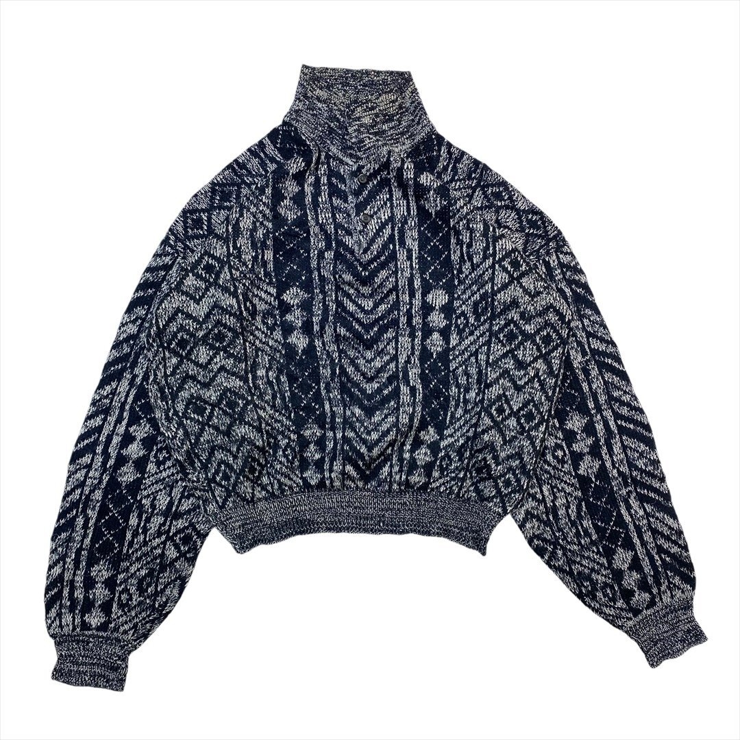 ポロニット ニット セーター 柄物 古着 メンズ FREE 総柄ニット アウトドア クリーニング済み拍卖