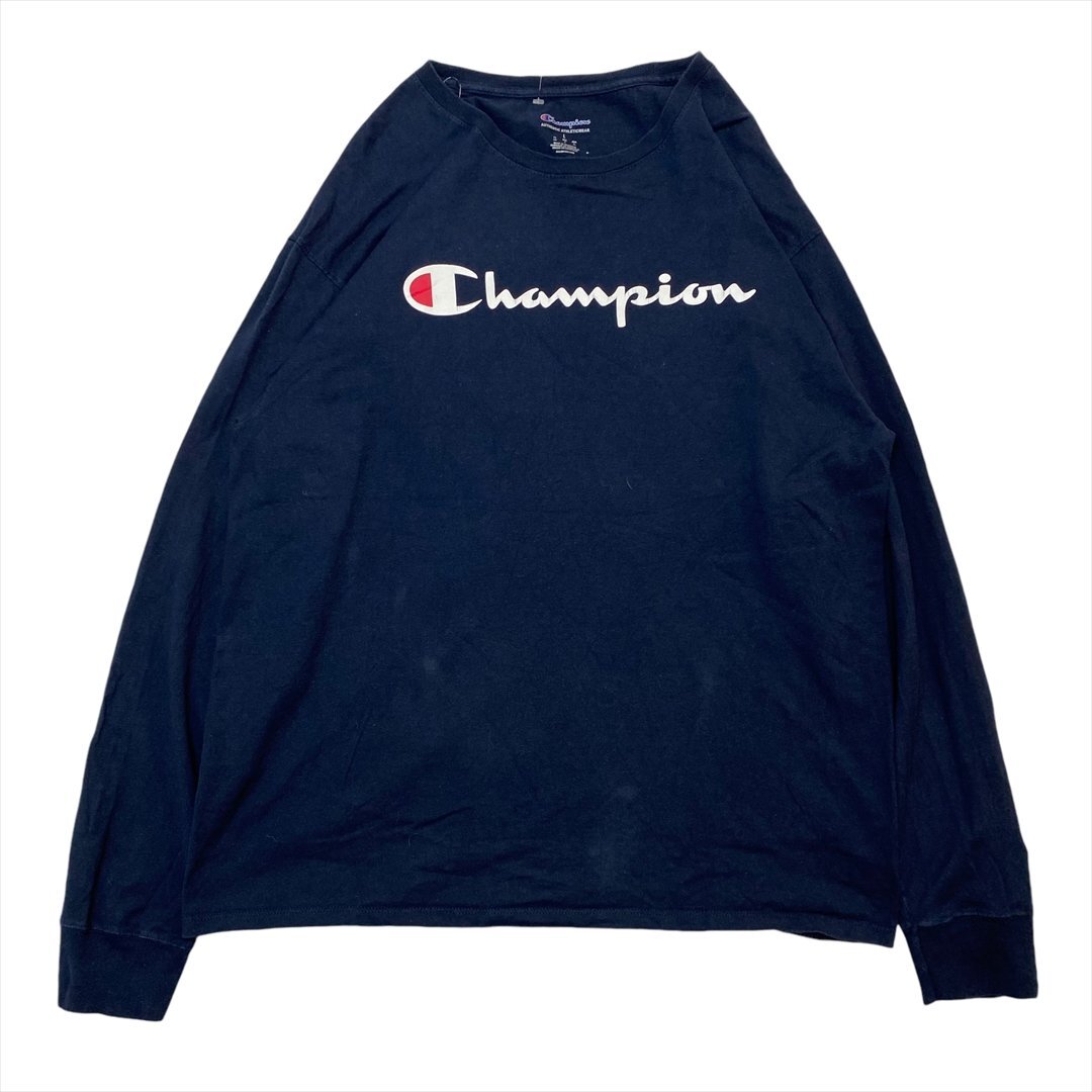 チャンピオン Tシャツ 長袖 ネイビー Champion 古着 メンズ L 定番ロゴ ロンT シンプル クリーニング済み拍卖