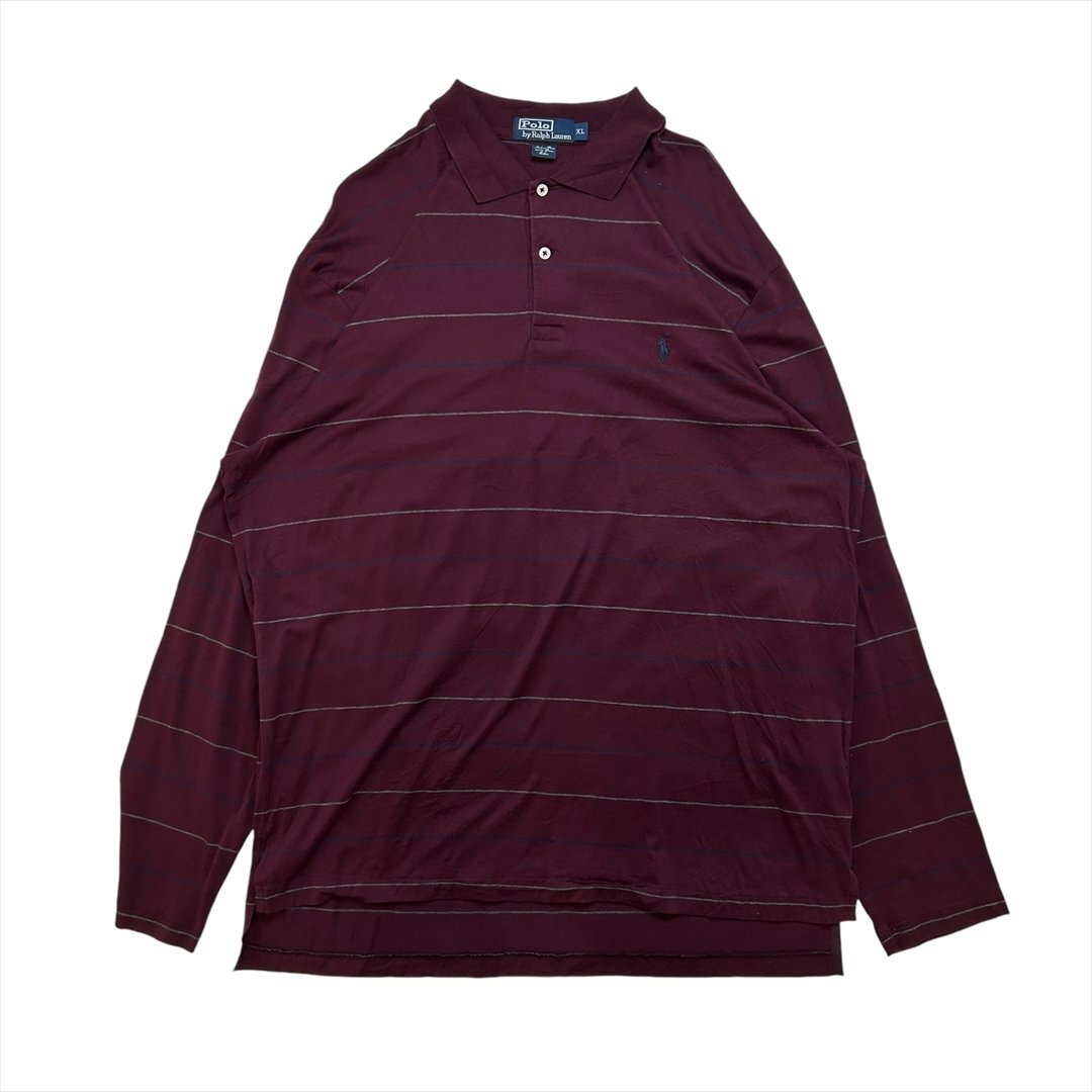 ポロ ラルフローレン ポロシャツ ワインレッド POLO Ralph Lauren 古着 メンズ XL 長ポロ 刺繍ロゴ 紳士 ゴルフ ボーダー拍卖