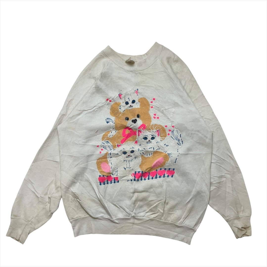【訳アリ】 フルーツオブザルーム スウェット ホワイト FRUIT OF THE LOOM 古着 メンズ L 80s 猫 クマ ぬいぐるみ ラグラン拍卖