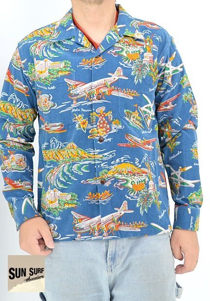 「PAA AIR TRAVEL」コーデュロイ長袖オープンシャツ◆SUN SURF ネイビーXLサイズ SS29337 サンサーフ アロハ ハワイアン拍卖