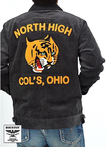 コーデュロイ刺繍ジャケット「TIGER」◆HOUSTON チャコールLサイズ 51450 ヒューストン 和柄 アメカジ 虎 トラ ベトジャン拍卖