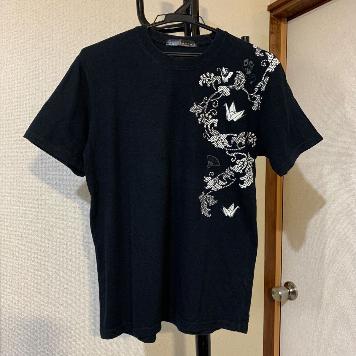 balmy&awaking / 和柄 折り鶴と蝶 半袖 Tシャツ / サイズ:M 色:ブラック拍卖