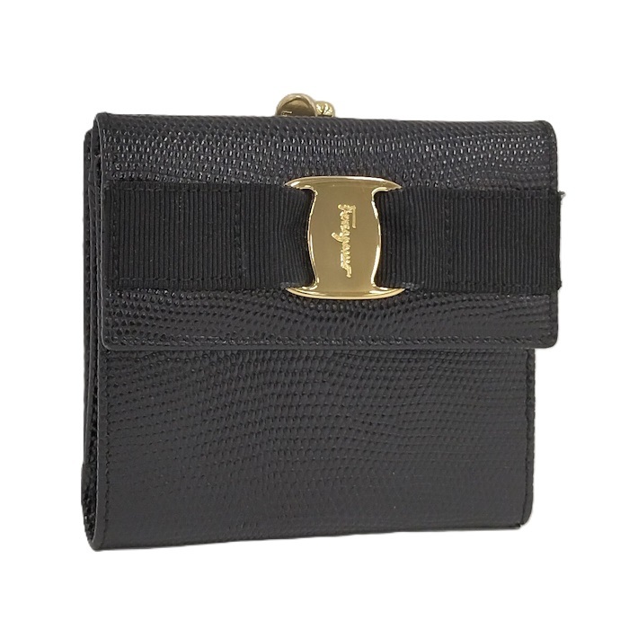 Salvatore Ferragamo がま口 二つ折り財布 ヴァラリボン レザー ブラック ゴールド 22-3058拍卖