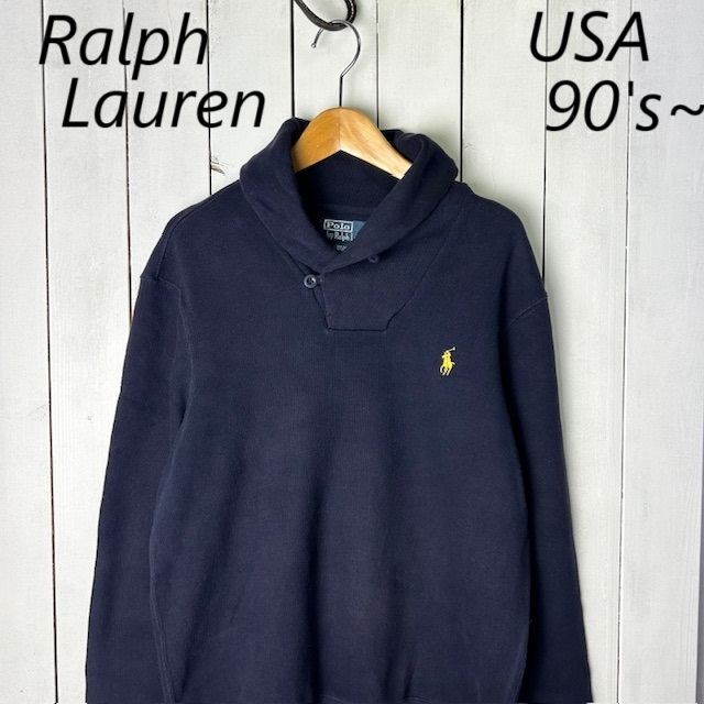 USA古着 90s~ Ralph Lauren ショールカラースウェット S 紺 ポロラルフローレン オールド ヴィンテージ アメリカ古着 無地 ヘチマ襟 ●233拍卖