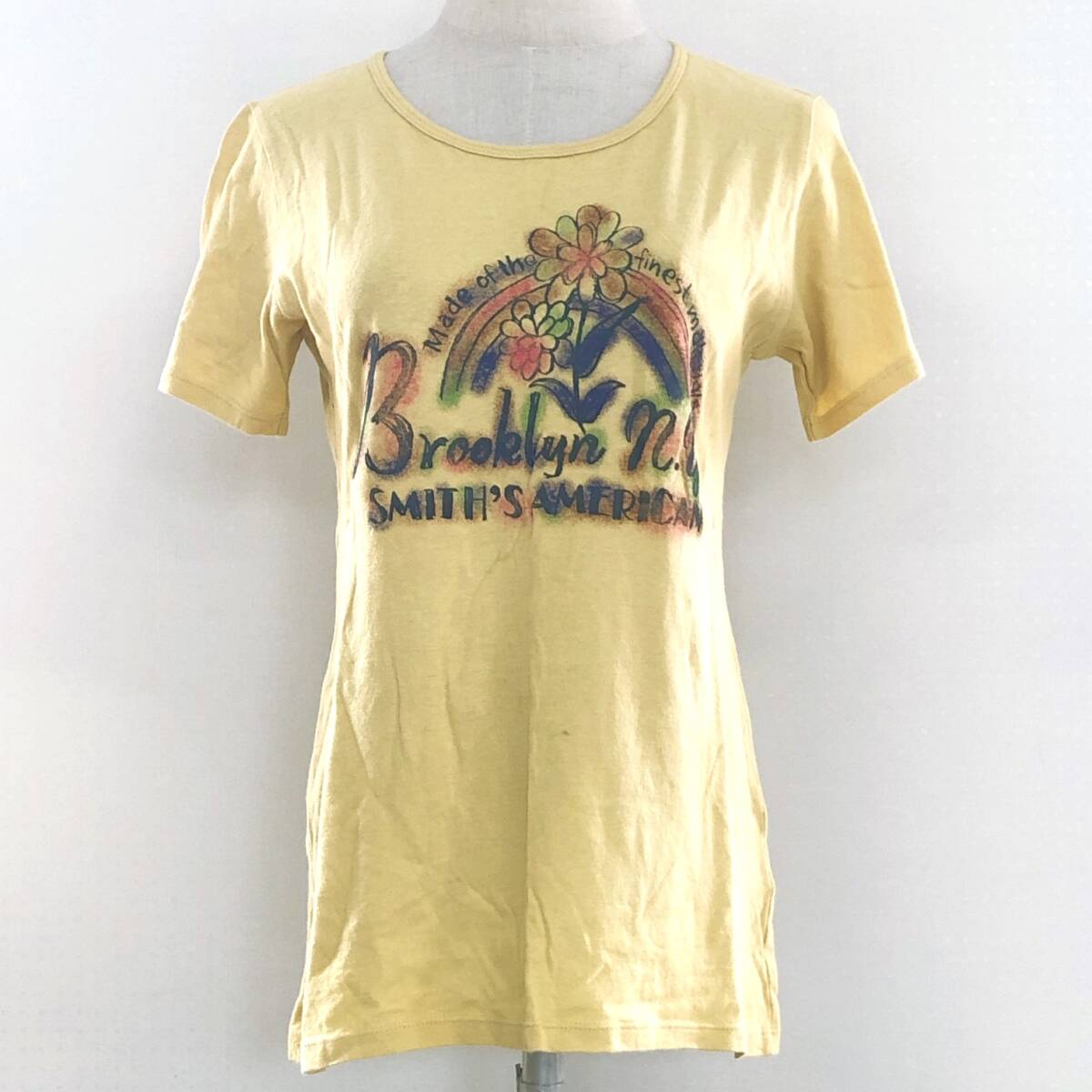 Y2003 SMITH’S AMERICANレディーストップス シャツ 半袖 薄手 伸縮性 丸首 L イエロー 黄 プリント 綿 麻 シンプル カジュアル 涼しげ 夏 拍卖
