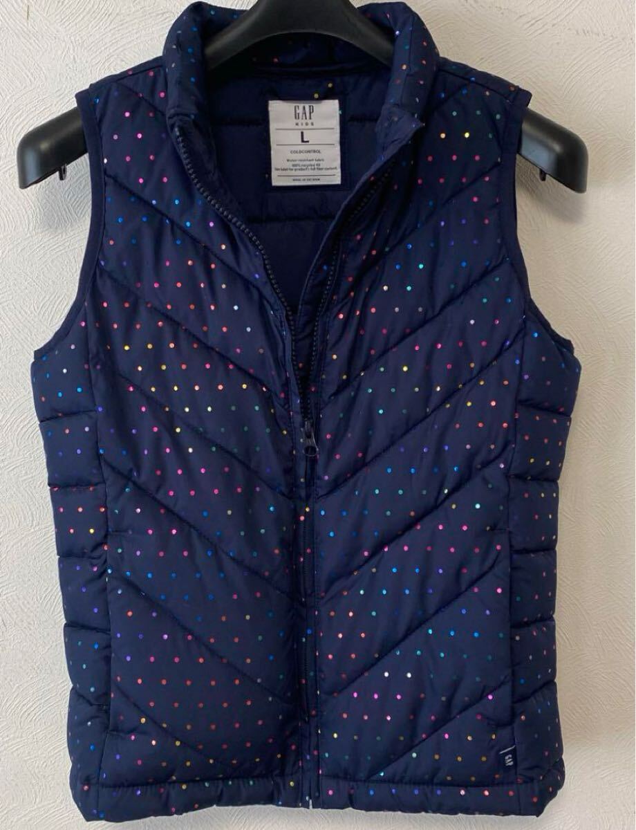 ギャップ GAP ダウン調 キルティングベスト L/140 10-11歳程度 ネイビー カラフルドット女の子 ガールズ小学生拍卖