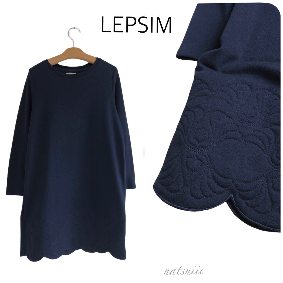 LEPSIM ローリーズファーム . スカラップ 刺繍 ワンピース ネイビー 送料無料拍卖