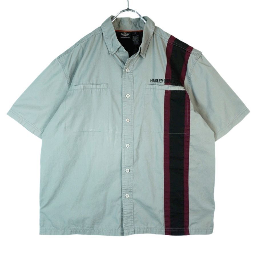 ハーレーダビッドソンHarley Davidson半袖ワークシャツライン切り替えロゴ刺繍バックプリント襟スナップボタン灰色グレー骸骨ドクロ40130拍卖