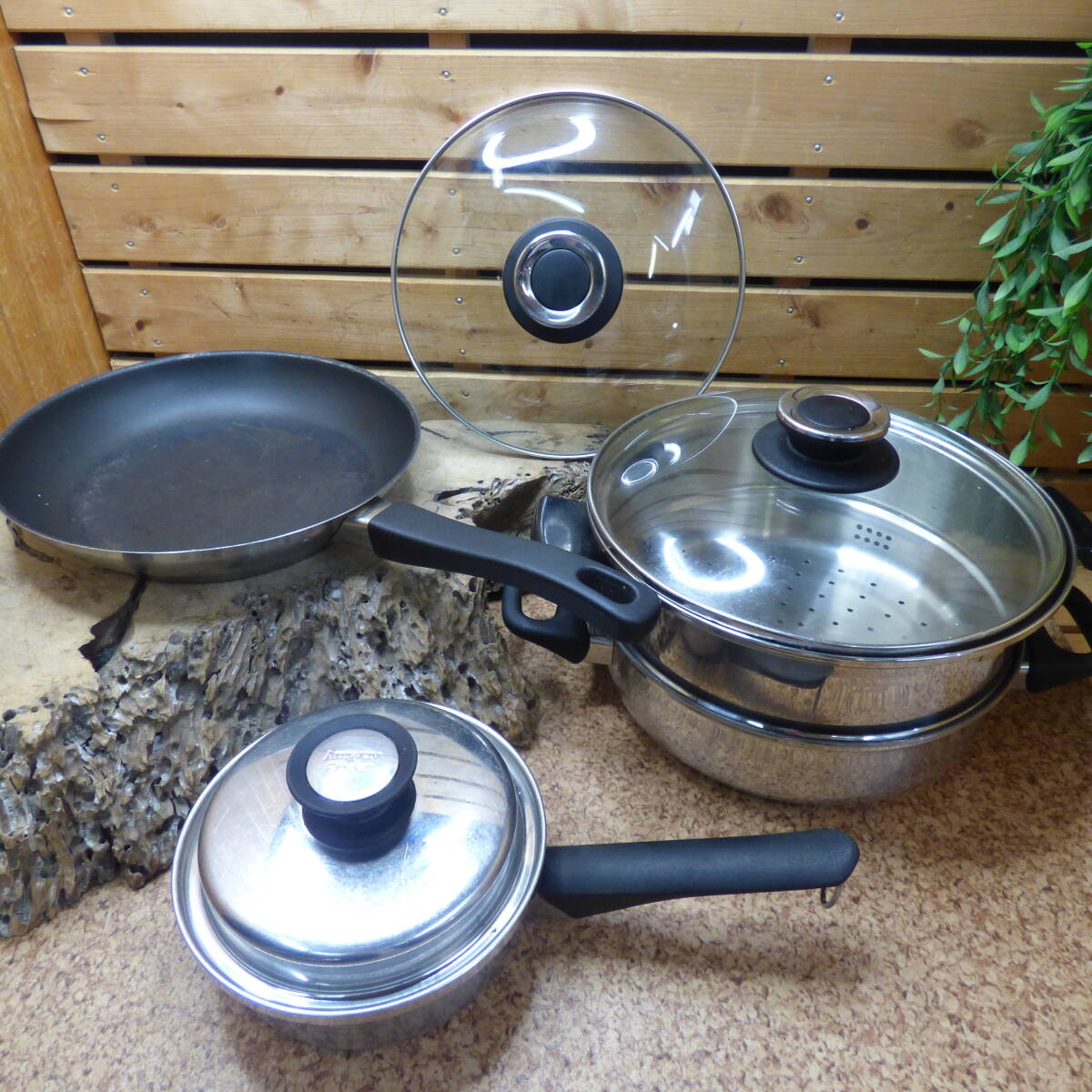 へ388.Amway 3点セット 両手鍋 蒸し器 フライパン ガラス蓋 調理器具拍卖