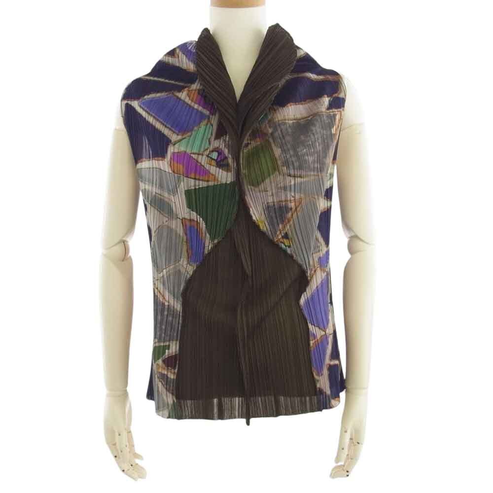 プリーツプリーズ イッセイミヤケ ガラパゴス諸島 宝石 幾何学模様プリント 変形 プリーツ加工 ノースリーブトップス カットソー 5【中古】拍卖