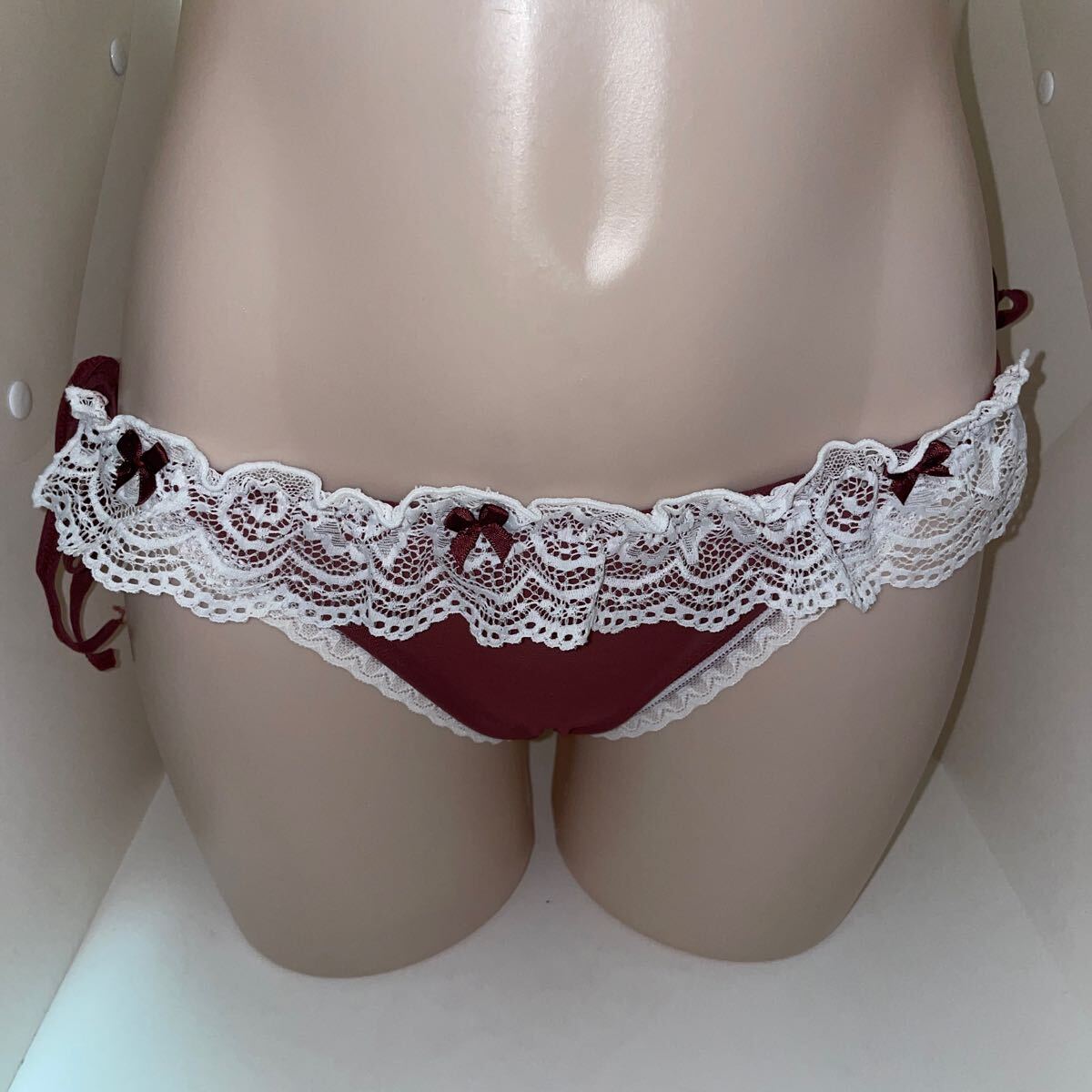 5007★ワインレッド×ホワイト★リボン×レース×シースルー×紐ショーツ★フルバックショーツ拍卖