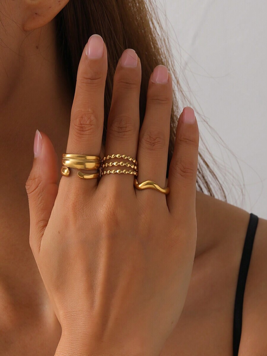 リング レディース セット アンティーク調ミニマリスト主義ステンレス製ゴールドカラーオープン式調整可能ウェーブドット模様リングセッ拍卖