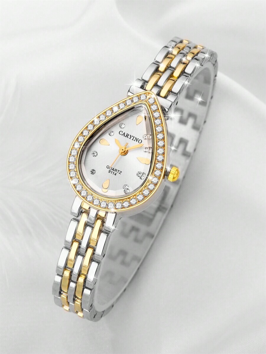 腕時計 レディース クォーツ 1個 レディース デュアルトーン ステンレス製腕時計バンド、テアドロップダイヤル、ジルコニア入り拍卖