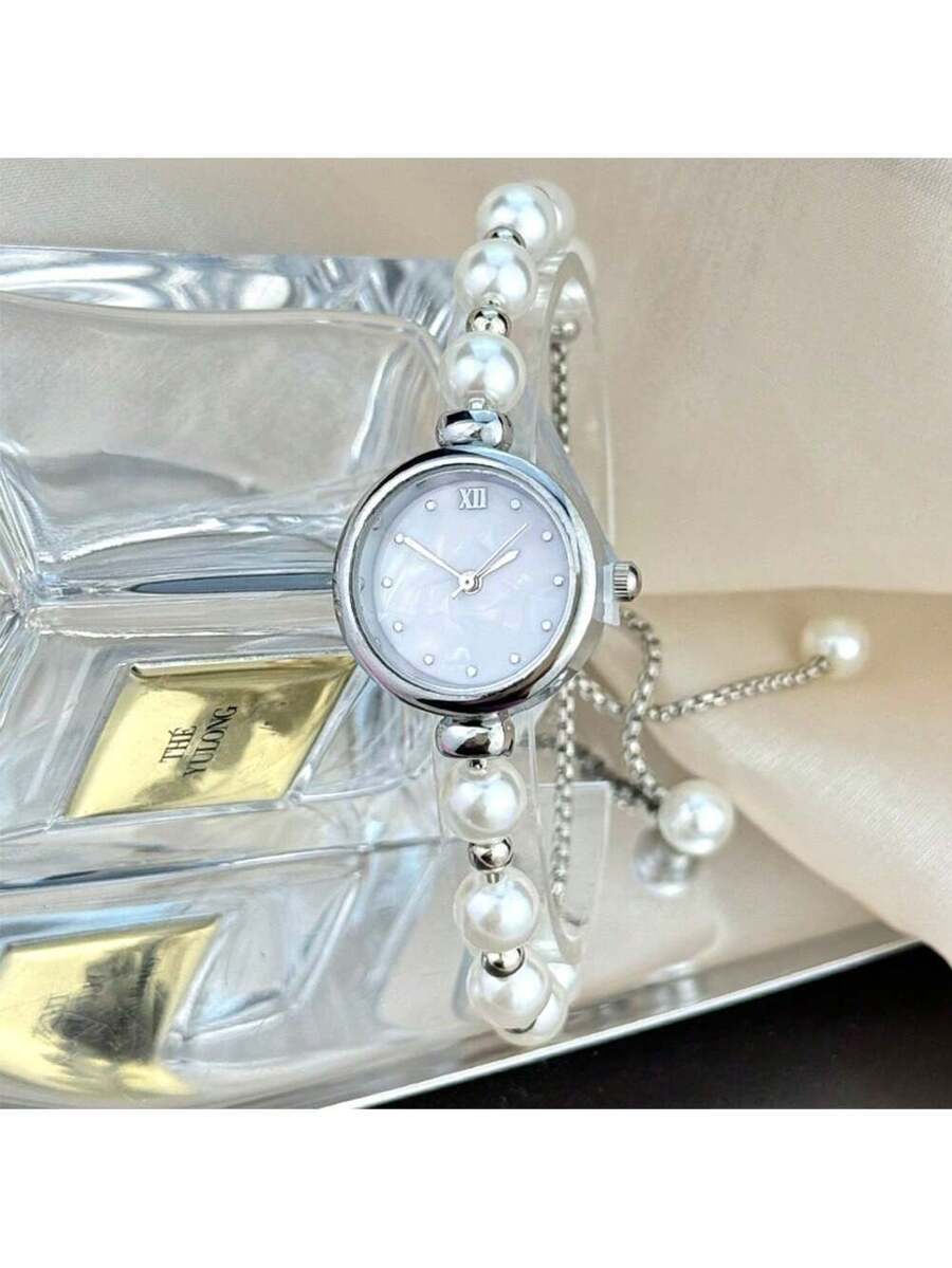 腕時計 レディース クォーツ 1個 レディース シルバービーズプルアウトチェーン ローズゴールドメタルケース 真珠貝ダイヤル エレ拍卖