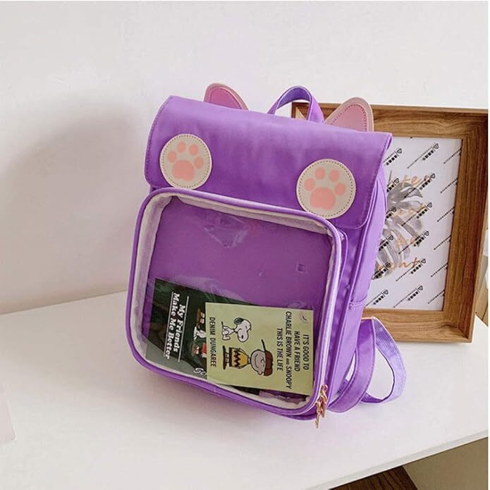 ●リュックサック 痛バッグ 痛リュック キャンバス地 ガールズ クリアバック 猫耳 缶バッジ 推し活 紫 パープル オタ活拍卖