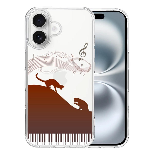 iPhone16 ケース クリア ピアノ シルエット猫 ブラウン スマホケース 側面ソフト 背面ハード ハイブリッド拍卖