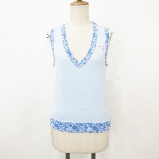 未使用品 プーマ ゴルフ PUMA ニット ベスト Vネック プルオーバー ロゴ 花柄 綿 コットン 水色 ブルー M レディース 24101307拍卖