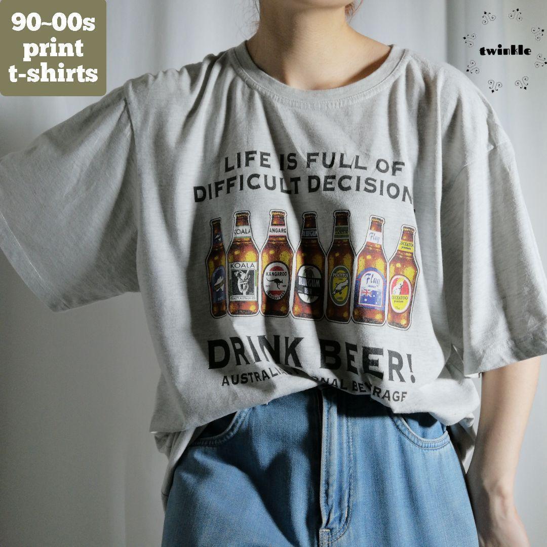 古着 90s~00s プリントTシャツ 半袖 ビール お酒 ビッグロゴ グレー メンズ XL オーバーサイズ アメリカ古着 1463拍卖