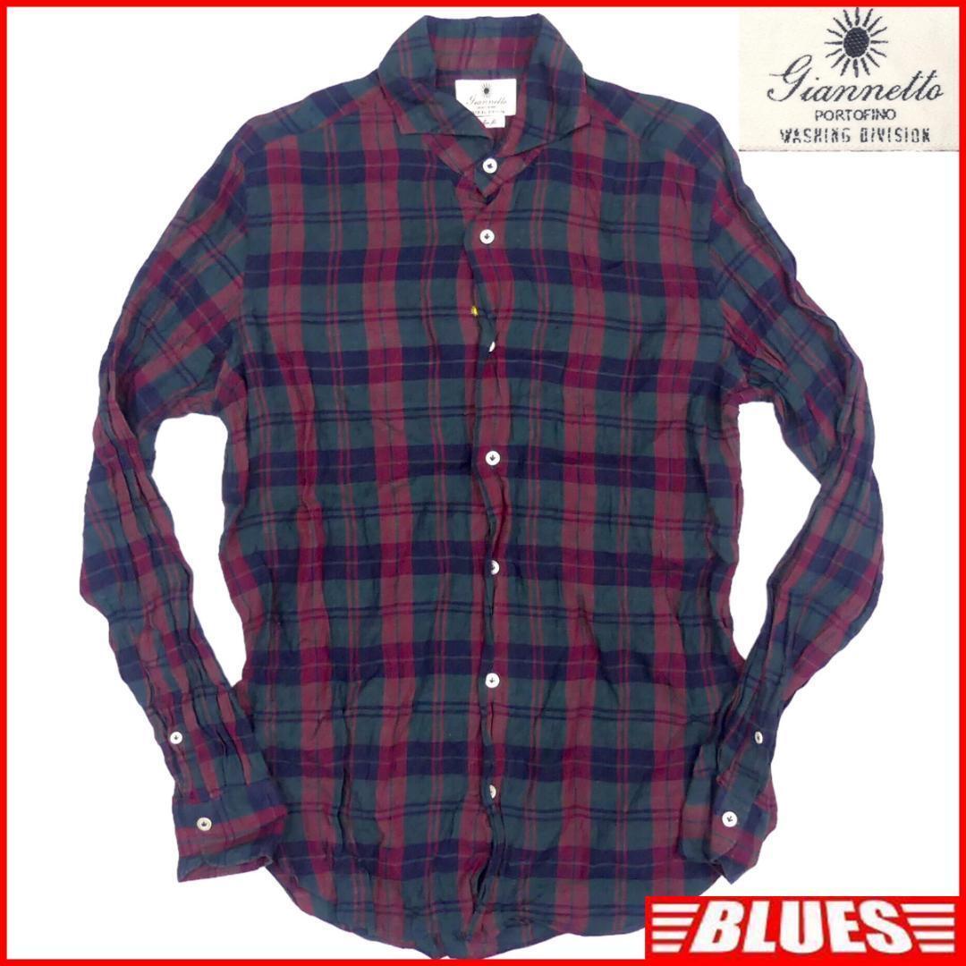 即決★イタリア製 GIANNETTO★メンズM ウエスタンシャツ ジャンネット チェック 長袖 麻 ボタンシャツ拍卖