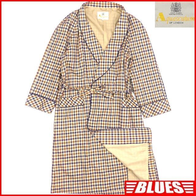 即決★Aquascutum★メンズL トレンチコート ガウン アクアスキュータム 茶 チェック ジャケット キュプラ拍卖