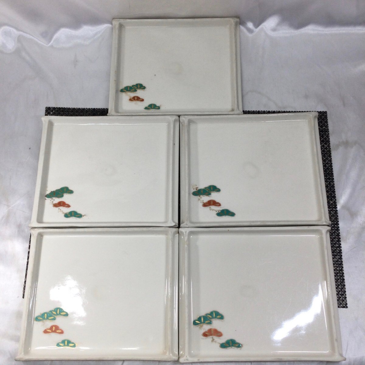 【長期保管/現状品/TSS】前菜皿 刺身皿 平皿 四角形皿 陶器 約21cm×17cm 会席 和食器 5客セット MZ1026-1拍卖