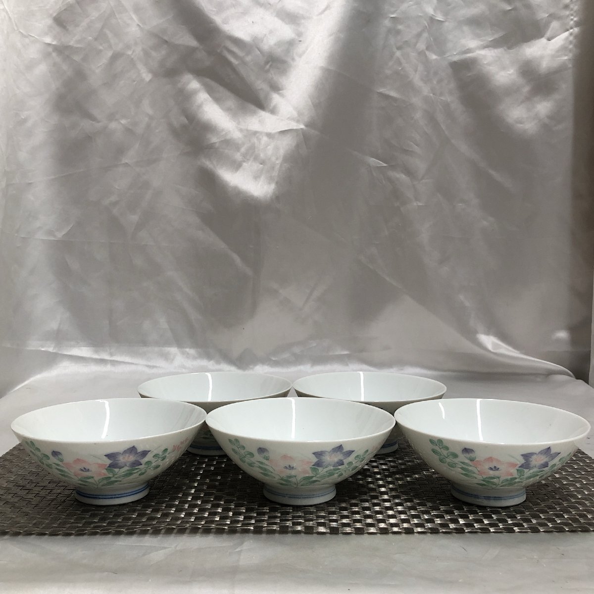 【長期保管/現状品/KSS】茶碗 お茶碗 飯椀 花絵 陶器 径約11.5cm 和食器 5客セット MZ1029拍卖