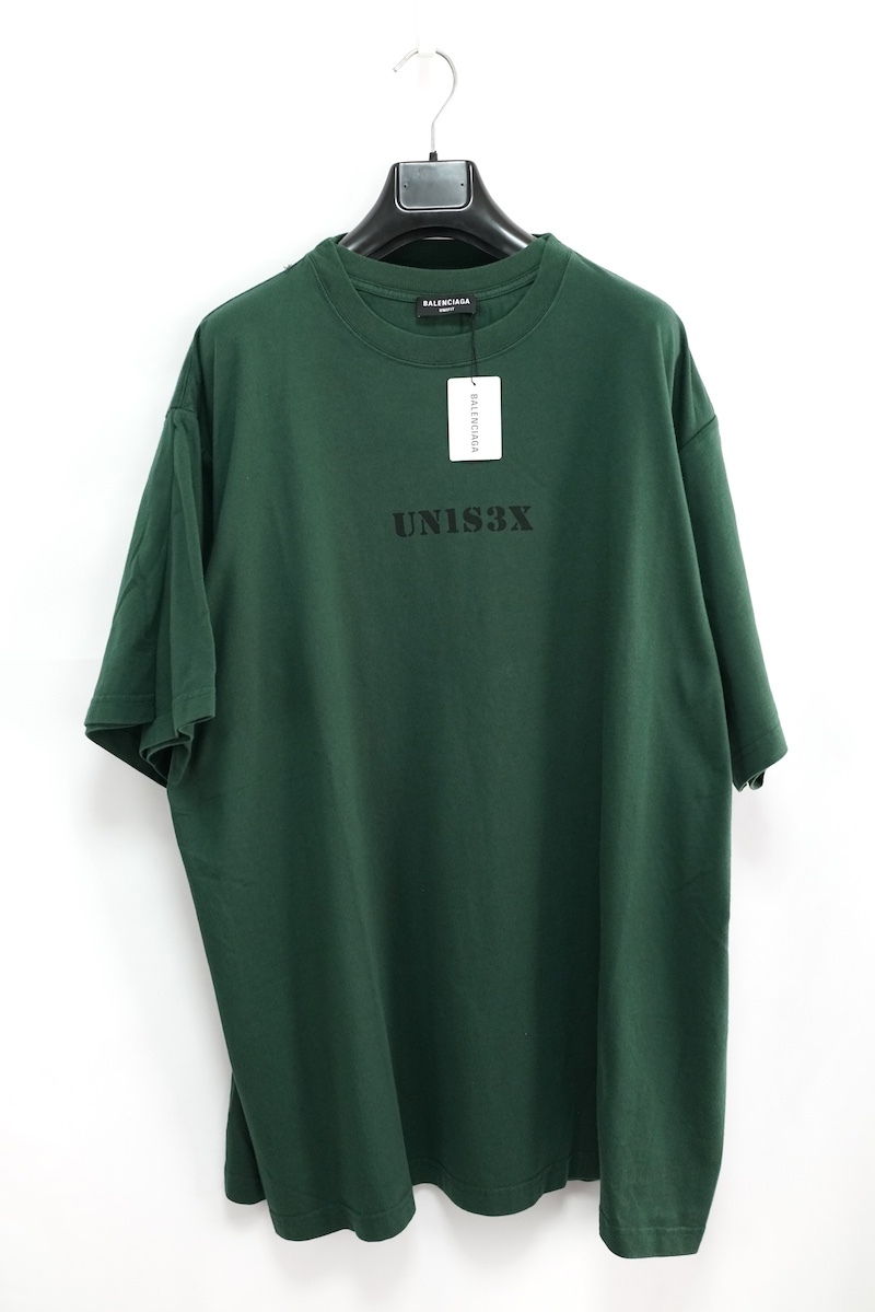 BALENCIAGA バレンシアガ ロゴ刺繍 レイヤードネック オーバーサイズ半袖Tシャツ カットソー ダークグリーン Mサイズ 657059拍卖