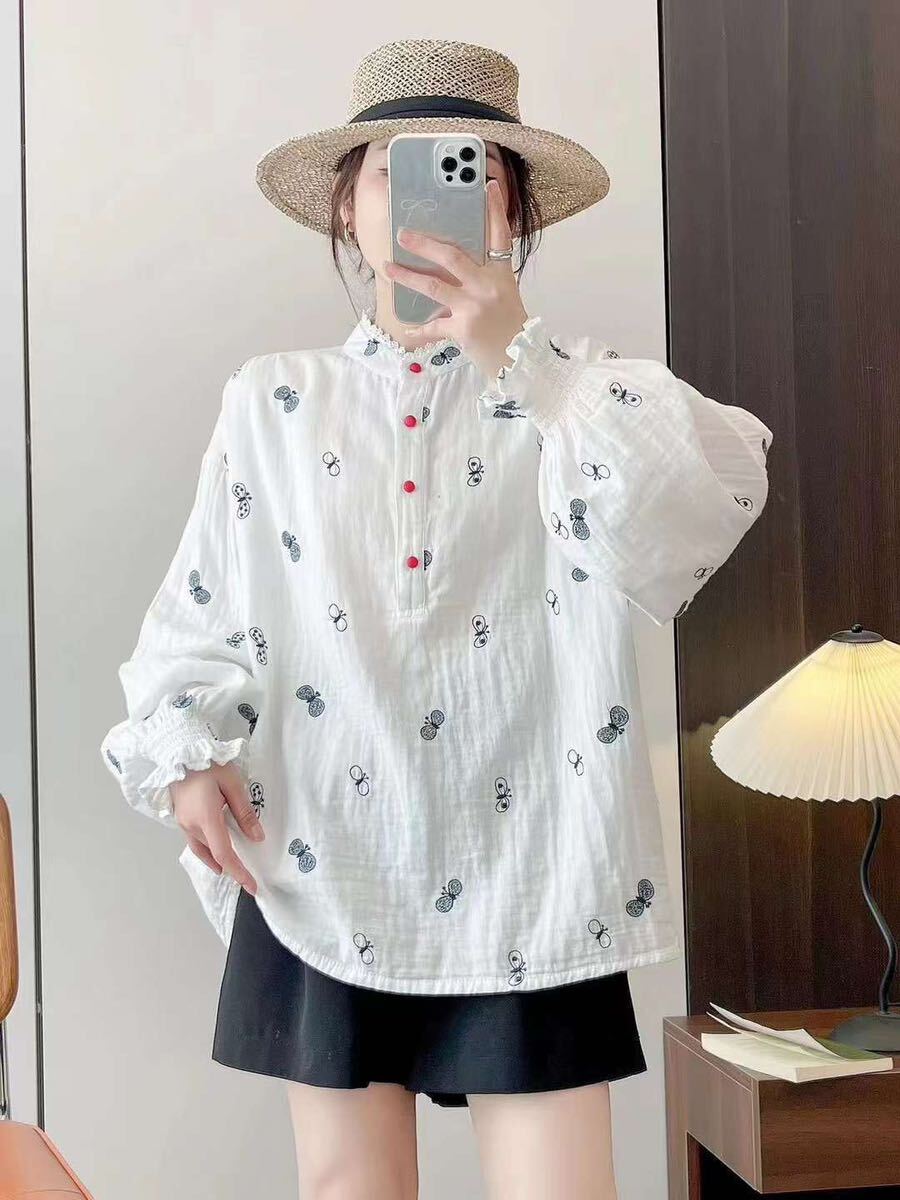 2410レディーストップス綿長袖シャツ通気性いい 綿コットンスタンドカーラ蝶々刺繍拍卖