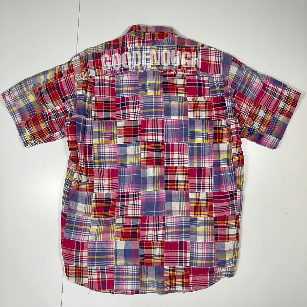 【M】90's GOODENOUGH Back Logo Print Patchwork Shirts 90年代 グッドイナフ 背面 ロゴ プリント パッチワーク チェック シャツ F1024拍卖