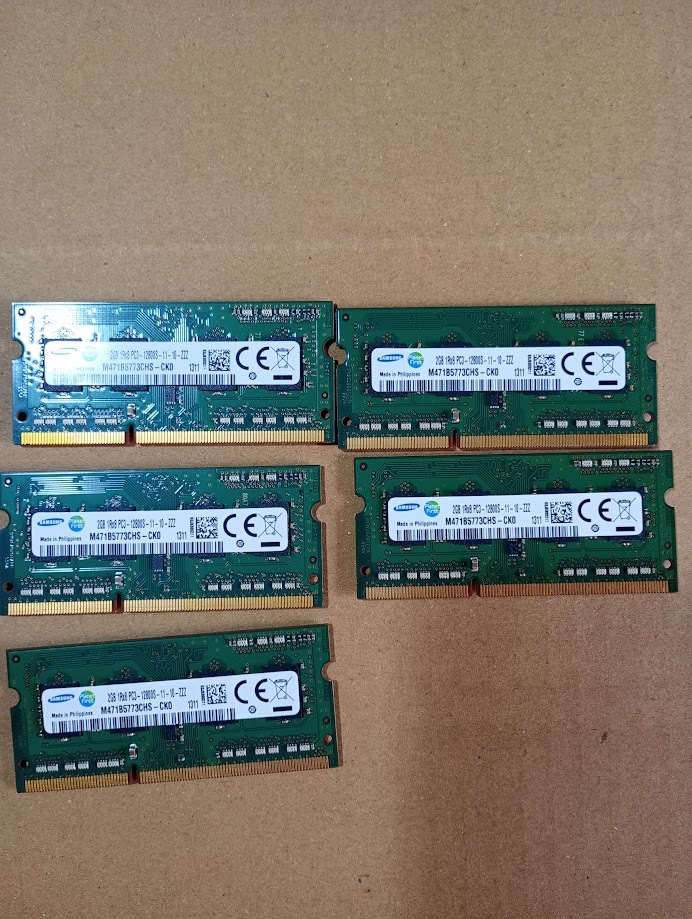 送料無料 DDR3 SAMSUNG PC3-12800S 2GB ノート用メモリー 5枚セット 動作確認品 A007拍卖