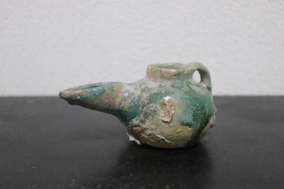古代ペルシャ青釉水注 12~13世紀 遺跡発掘品 銀化 エメラルドグリーン 養生箱拍卖