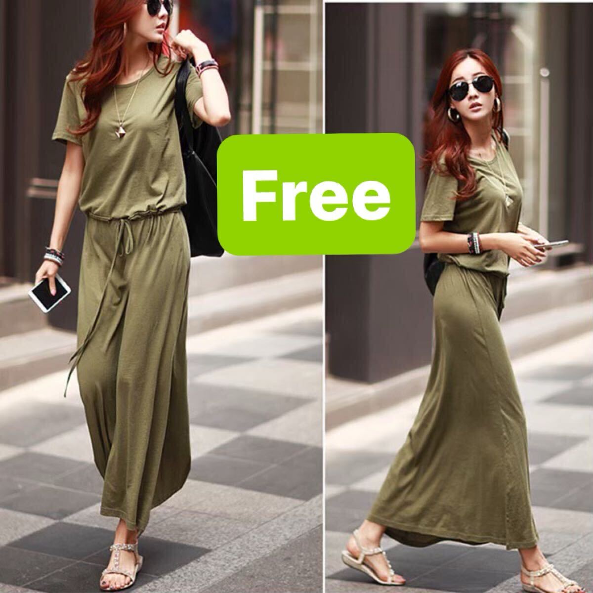 マキシ丈ワンピース オールインワン 半袖 リゾート ワンピース トレンド ストリート セレブ ロングワンピース ストレート フレア カーキ F拍卖