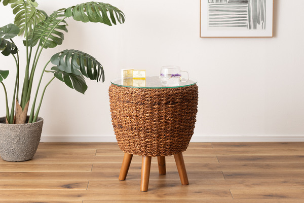 【アバカ ラウンドテーブル】サイドテーブル ナイトテーブル ミニテーブル ガラス 丸型 円形 アバカ 天然素材 リゾート ラウンジ アジアン拍卖