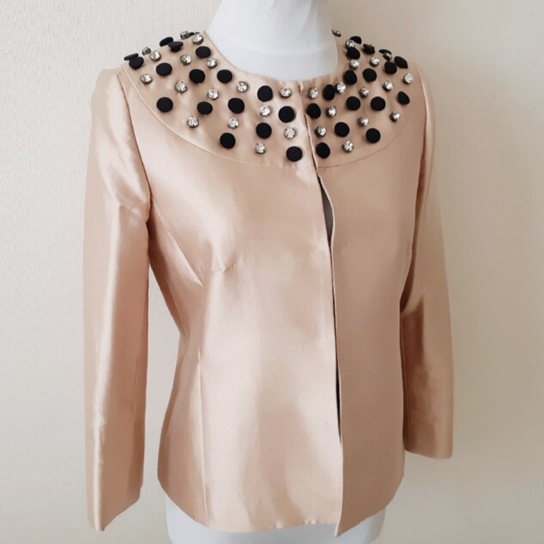 ◆美品◆milly◆ミリー◆シャンパンベージュ◆ビジュー◆ノーカラージャケット◆0◆拍卖