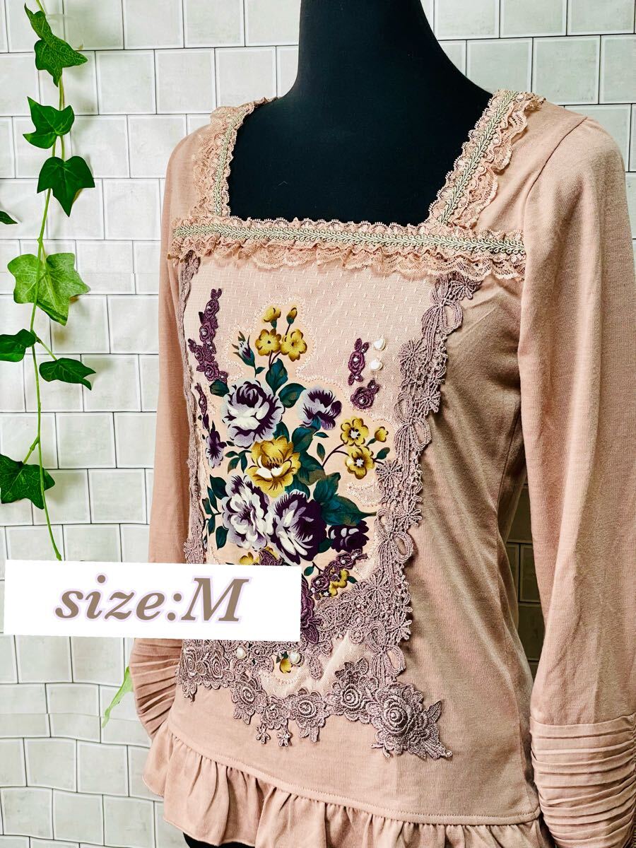 ★レディース axes femme 花柄レース刺繍トップス ピンク 長袖 カットソー サイズM アクシーズファム フェミニン kawaii 191024-001拍卖