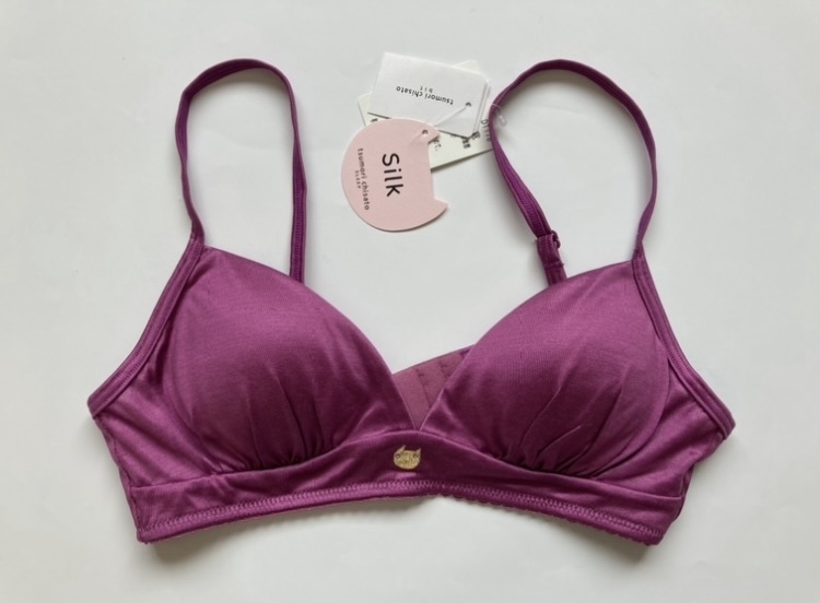 日本製 ツモリチサト シルク 100% ブラジャー 猫 ネコ顔 刺繍 ラインストーン ワコール ノンワイヤー パッド付 絹 PU拍卖