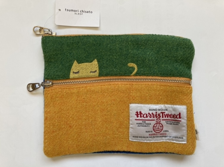 新品タグ付 ツモリチサト ハリスツイード ポーチ 猫 刺繍 チェック ダブルファスナー HARRIS TWEED ワコール 緑 青 定価5390円拍卖