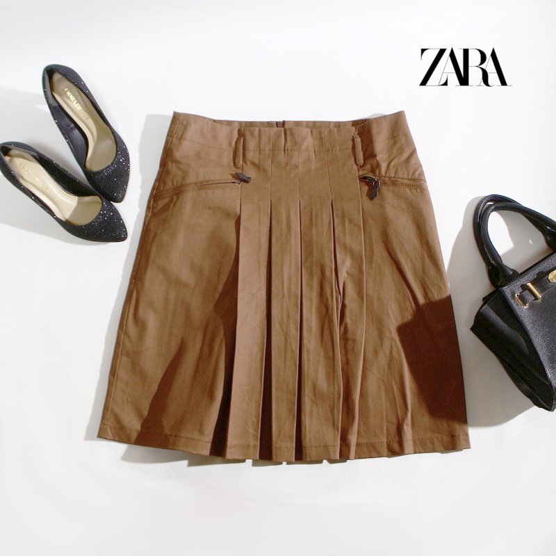 美品 ZARA BASIC ザラ ベーシック 合物 飾レザー シンプル デザインプリーツ 台形 Aライン スカート M ブラウン 膝下丈 膝丈拍卖