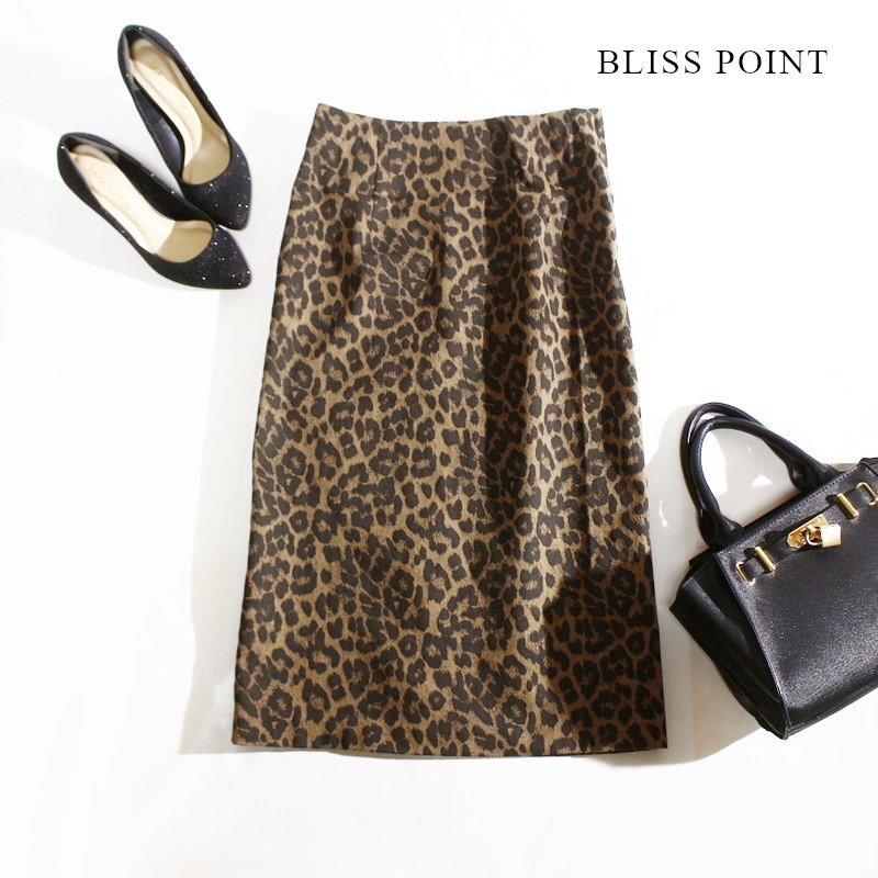 美品 BLISS POINT 秋 冬 合物 ハリ ストレッチ 膝下 ミモレ丈 レオパード 柄 プリント タイトカート M ブラウン 茶色 コンサバ 綺麗め拍卖