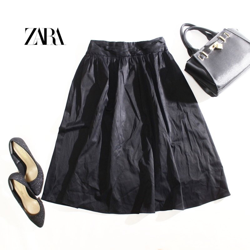 美品 ZARA BASIC ザラ ベーシック オールシーズン 人気 ふんわり ロング丈 ミディ ギャザースカート XS ブラック 黒 無地 シンプル拍卖