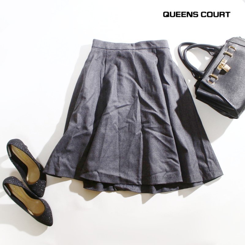 美品 クイーンズコート QUEENS COURT 秋 冬 毛98% 膝下丈 フレアスカート ウールスカート 1号 7 グレー フォーマル 綺麗め お嬢様拍卖