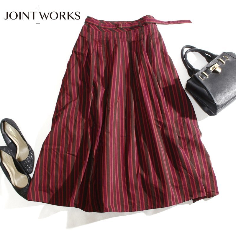 美品 JOINT WORKS ジョイントワークス マルチ ストライプ柄 ベルト付き ロング フレアスカート レッド 赤 レーヨン ナイロン拍卖