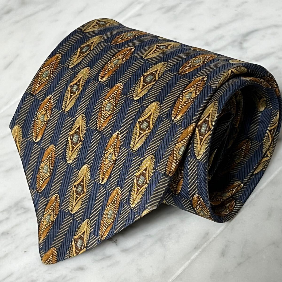 999円~ dunhill ネクタイ ネイビー ブラウン 小紋 総柄 パターン柄 (B8)拍卖