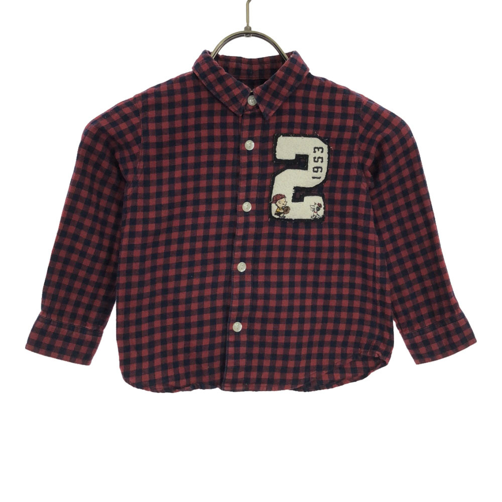 ファミリア ピーナッツ 日本製 チェック スヌーピー 長袖 コットンシャツ 100 レッド×ネイビー Familiar PEANUTS キッズ拍卖