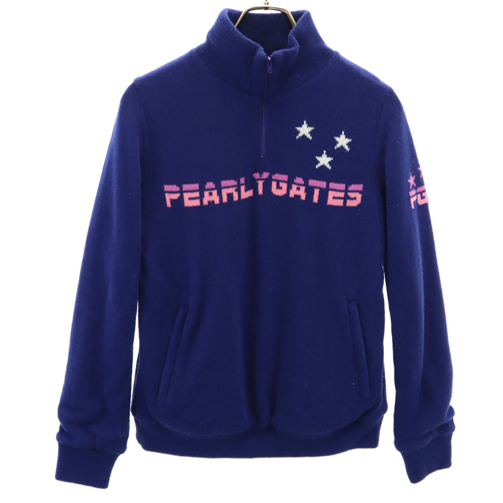 パーリーゲイツ 日本製 ウールブレンド バック刺繍 ゴルフ 長袖 ハーフジップ セーター 1 ネイビー PEARLY GATES ニット レディース拍卖