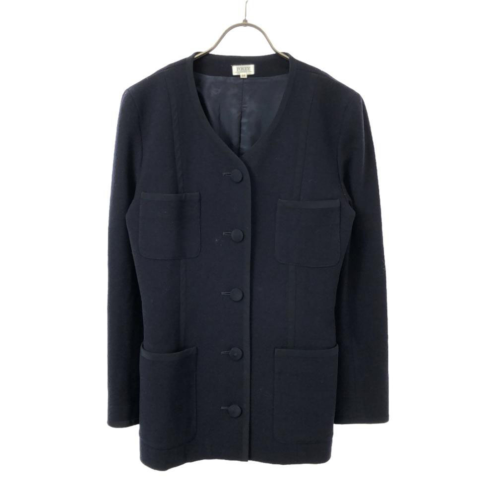 フォクシー ブティック 日本製 ノーカラージャケット 38 ブラック FOXEY BOUTIQUE レディース拍卖