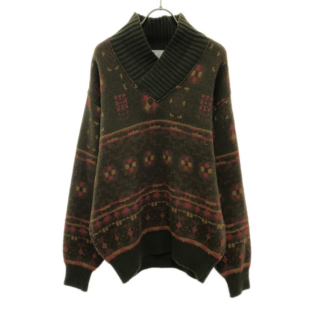 ランバン スタジオ 90s ウール オールド 総柄 長袖 ニット 48 カーキ系 LANVIN studeo セーター メンズ拍卖